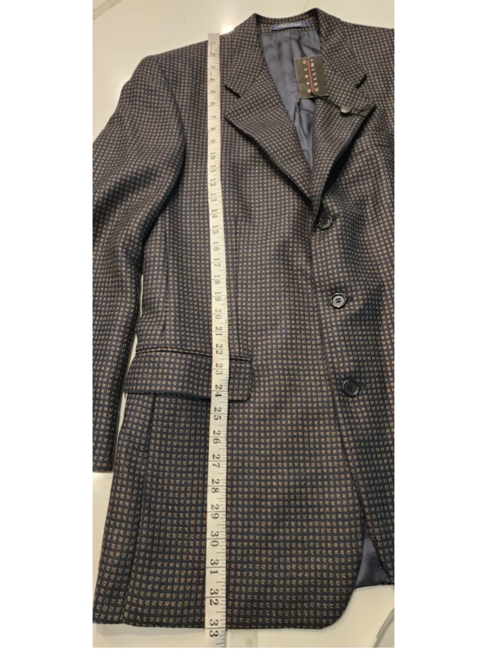 Marco Cellini Men’s 40 100% Wool Blazer Navy Tan Geometric Check Sport Coat Long